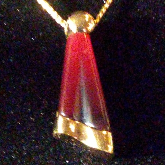 c1960s Crown Trifari Mod Deep Red & Gold Pendant Necklace - Picture 8 of 8